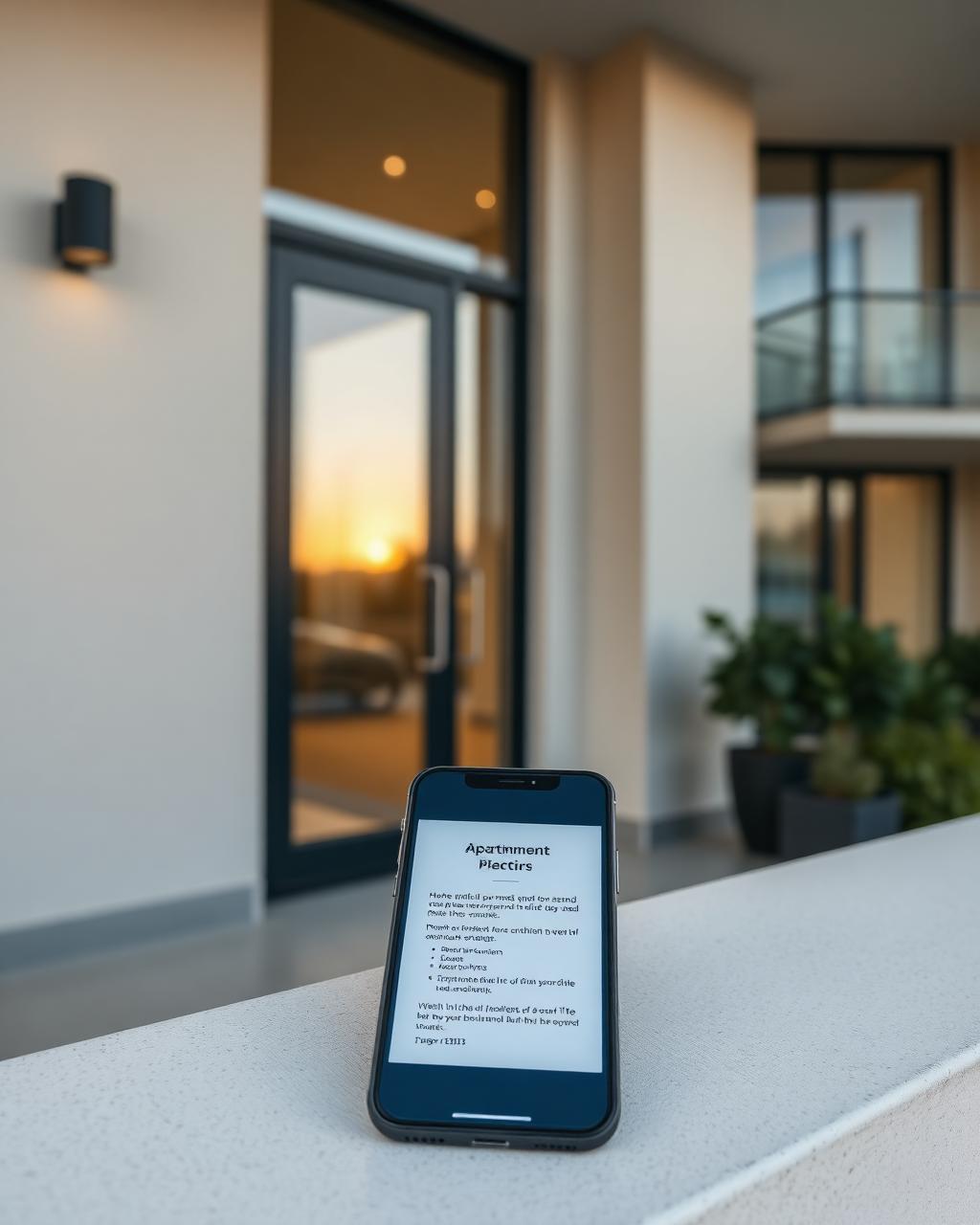 A phone showing Buzlr arrival instructions outside a modern building entrance